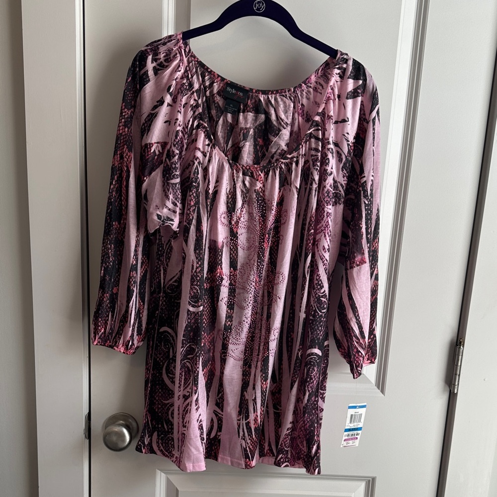 Style & Co. Pink and Black Printed Peasant Tunic